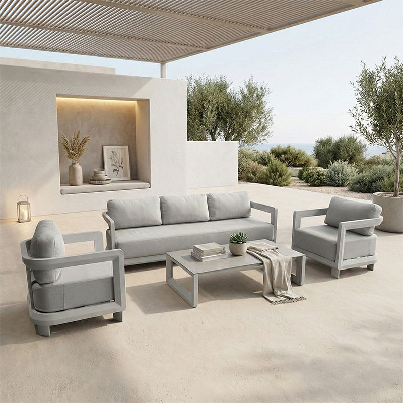 Jenora pakoworld lounge exterior bej din aluminiu cu material de culoare gri deschis Jenora pakoworld lounge exterior bej din aluminiu cu ma...