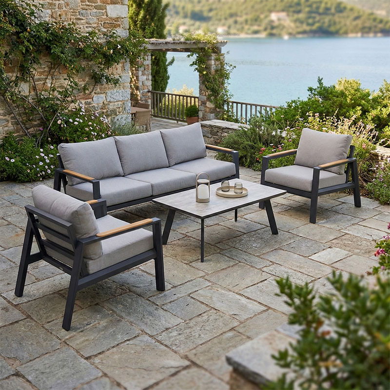 Set mobilier de gradina Aeria pakoworld 4 piese, aluminiu in nuanta gri inchis - tec - material textil gri Set mobilier de gradina Aeria pak...