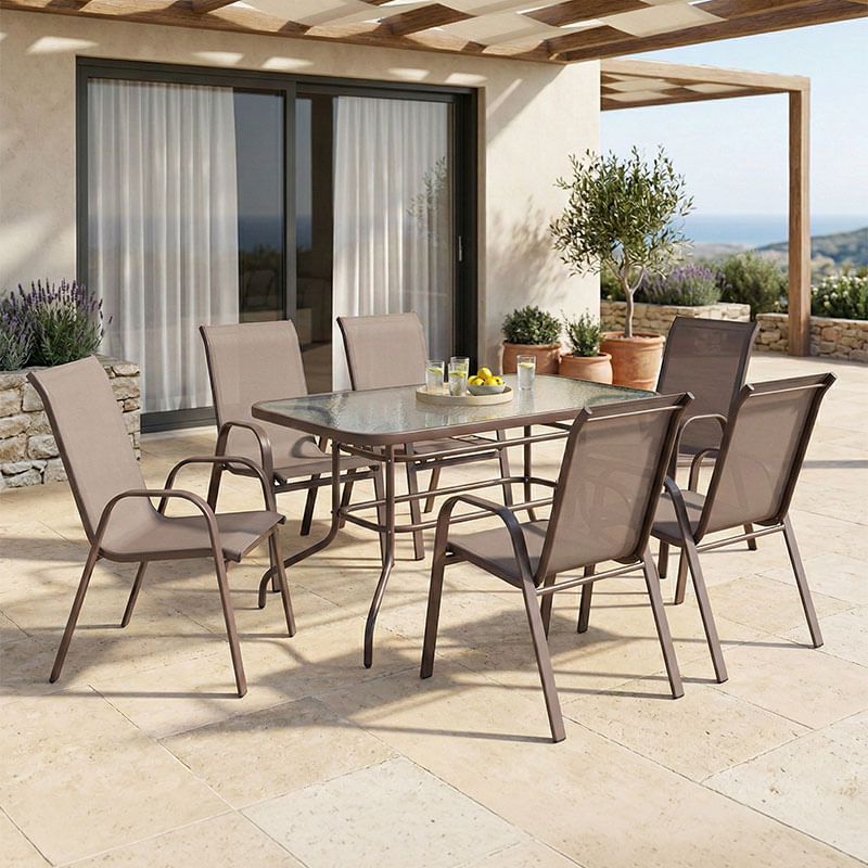 Masa de dining Ensure-Calan, set 7 piese, Pakoworld, metal-Textilene, maro. Masă de dining Ensure-Calan, set 7 piese, Pakoworld, metal-Textilene, maro.