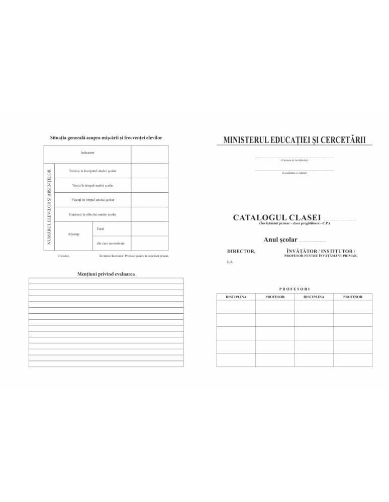 Catalog pentru clasa pregătitoare 39 elevi copertă carton subțire Catalog pentru clasa pregătitoare 39 elevi copertă carton subțire