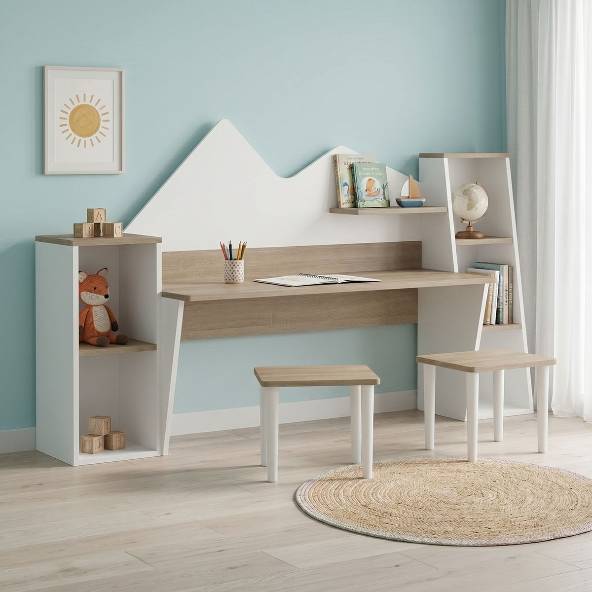 Birou pentru copii cu scaunela Dualto pakoworld alb sonoma 180x30x93.6cm Birou pentru copii cu scaunela Dualto pakoworld alb sonoma 180x30x9...
