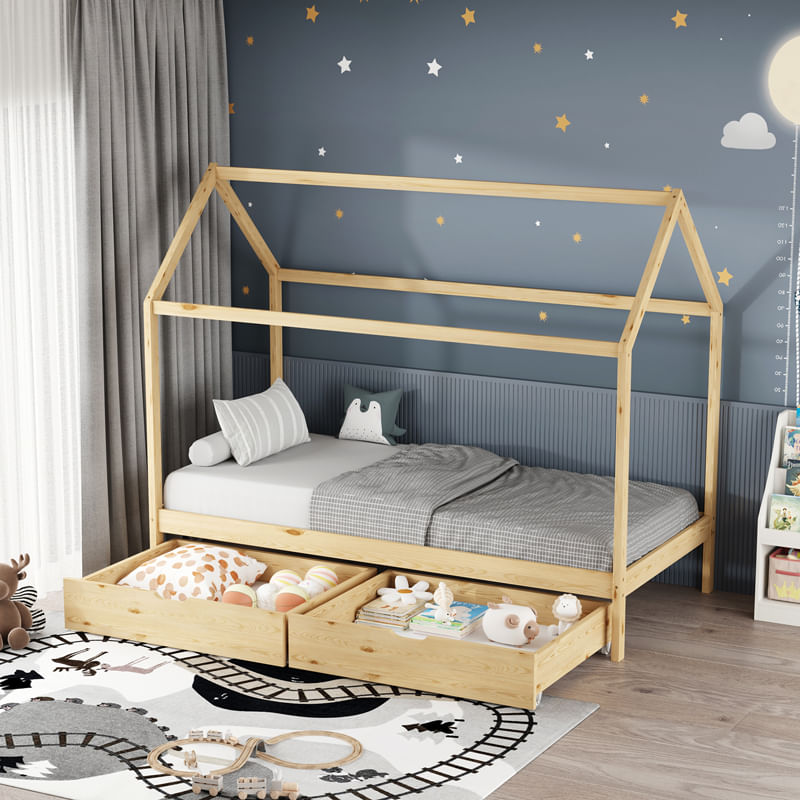 Patt pentru copii Mellin de tip Montessori cu 2 sertare pakoworld din lemn de pin nuanta naturala 90x190cm Pătuț pentru copii tip Montessori Mellin cu 2 sertare din lemn de pin pakoworld, nuanță naturală, 90x190 cm.