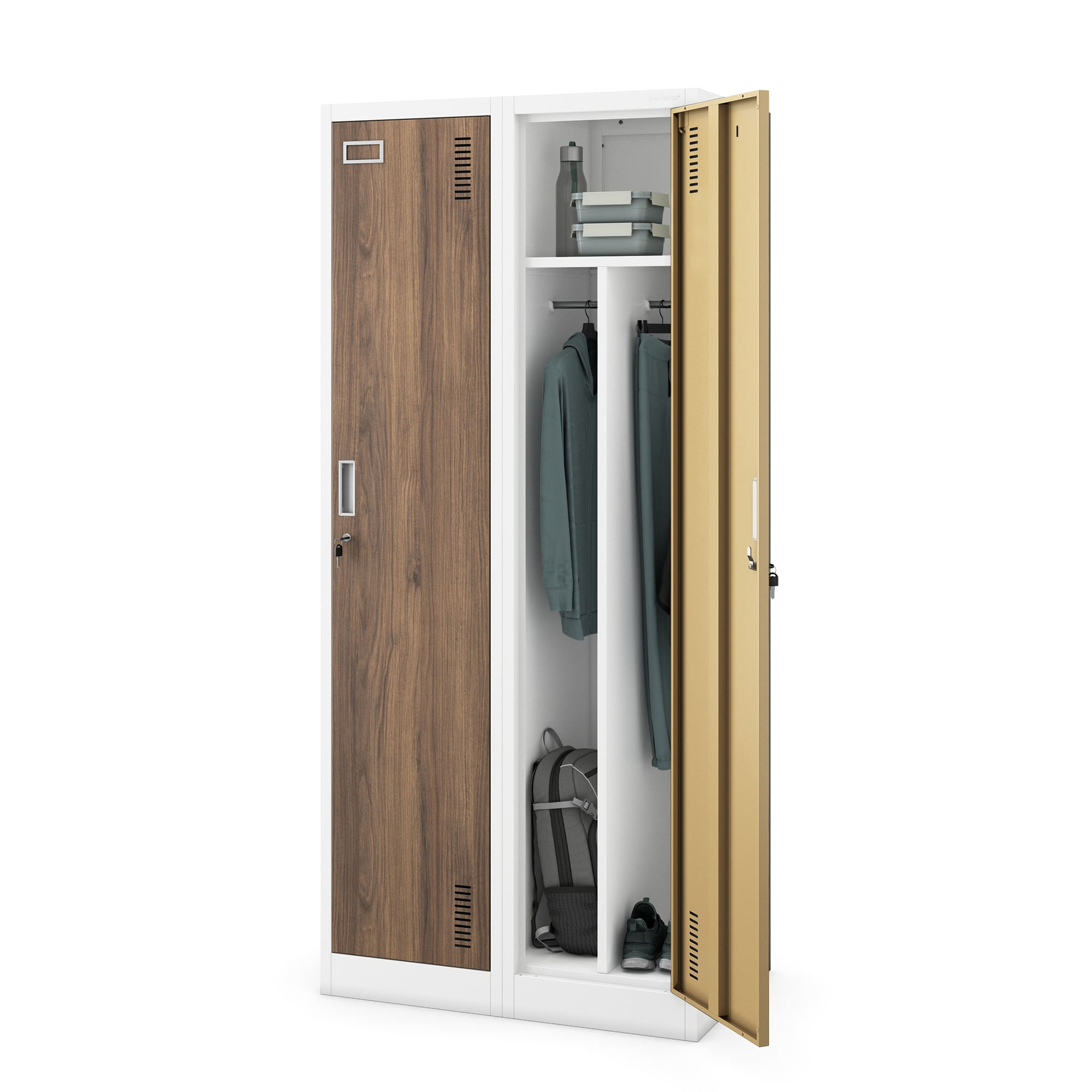 Dulap pentru angajati cu 4 compartimente alb/nuc, 800x1800x500 mm: KACPER Eco Design Dulap pentru angajați cu 4 compartimente alb/nuc, 800x1800x500 mm: KACPER Eco Design