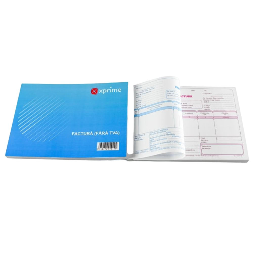 Factura fără TVA hârtie autocopiativă A5 3 exemplare copertă carton 300 g/mp 150 file/carnet Factura fără TVA hârtie autocopiativă A5 3 exemplare copertă carton 300 g/mp 150 file/carnet