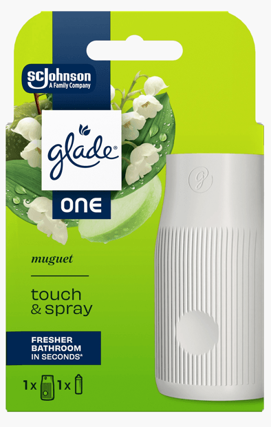 Odorizant de baie Glade One Touch & Spray aparat și rezervă 10 ml diverse parfumuri Odorizant de baie Glade One Touch & Spray aparat și rezervă 10 ml diverse parfumuri Muguet (lacramioare)