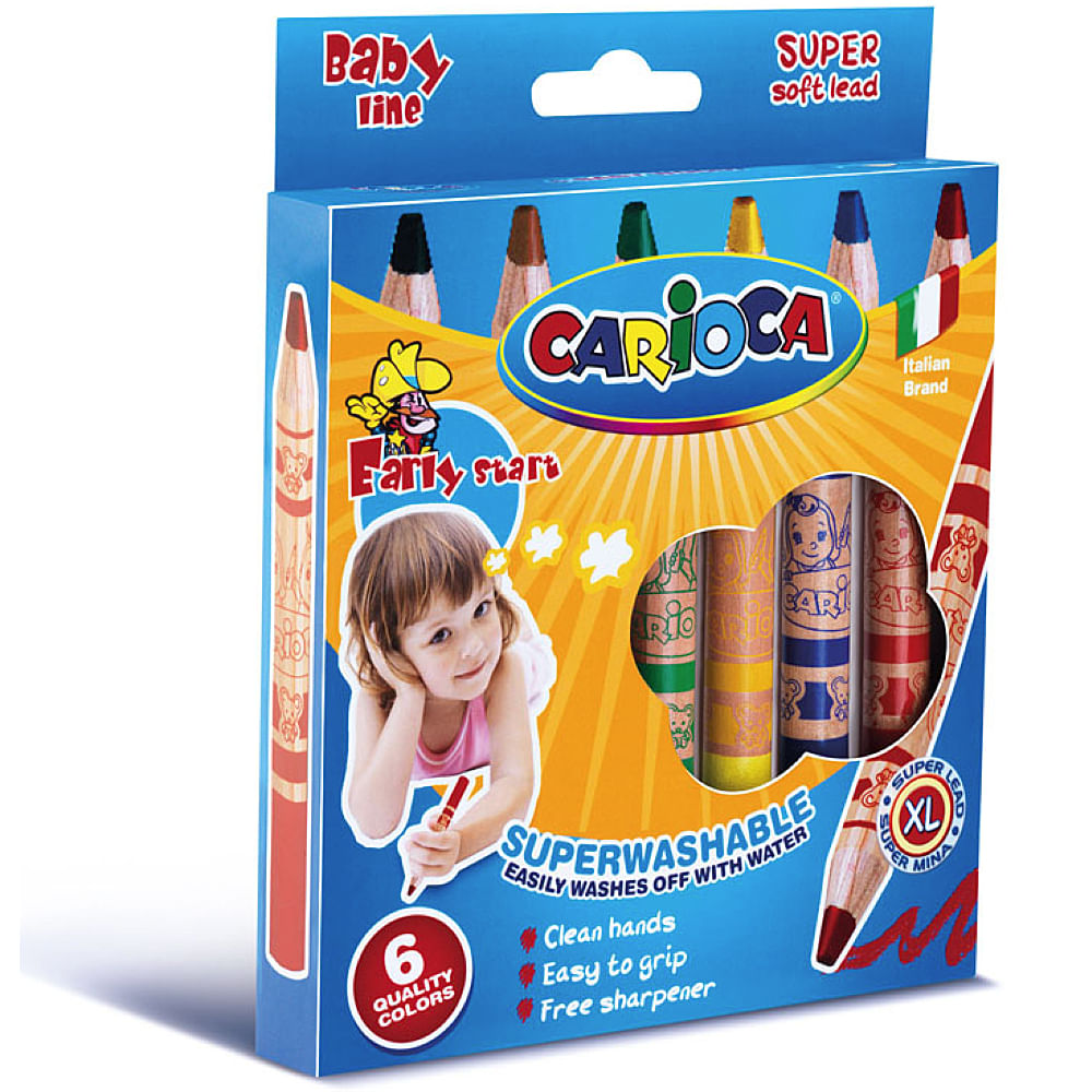 Set creioane cerate Carioca Baby Jumbo si ascutitoare, 6 bucati Carioca