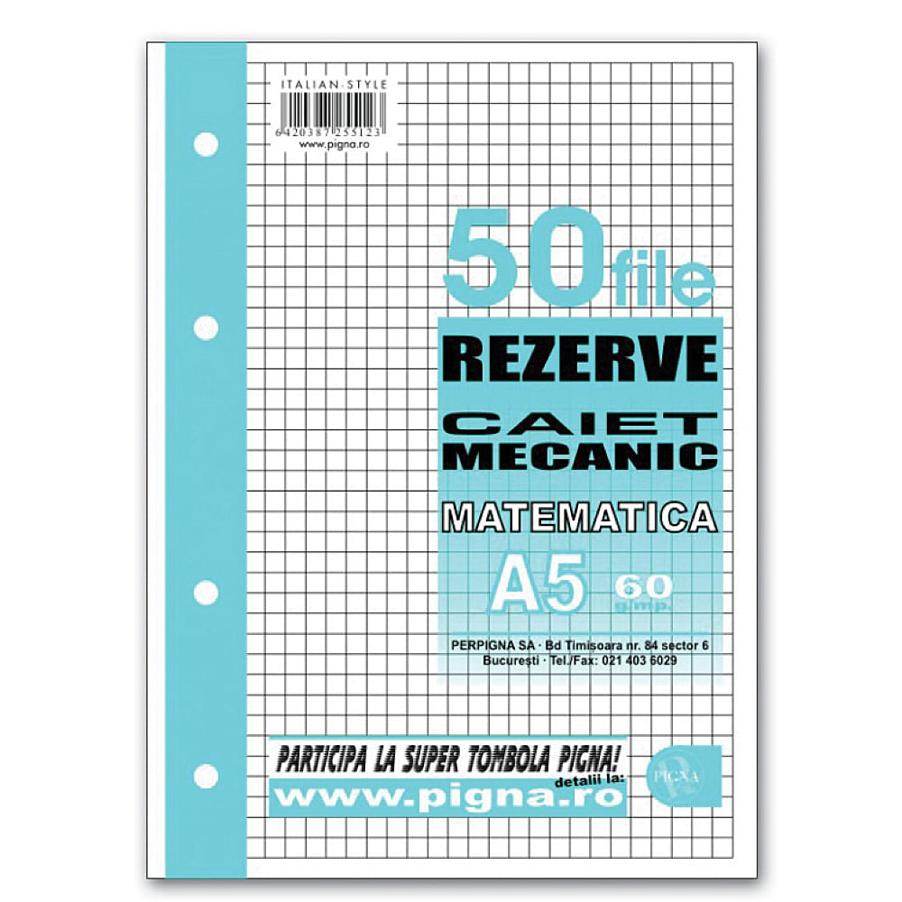 Rezerva caiet mecanic Pigna A5 cu 4 inele, 50 file, matematica