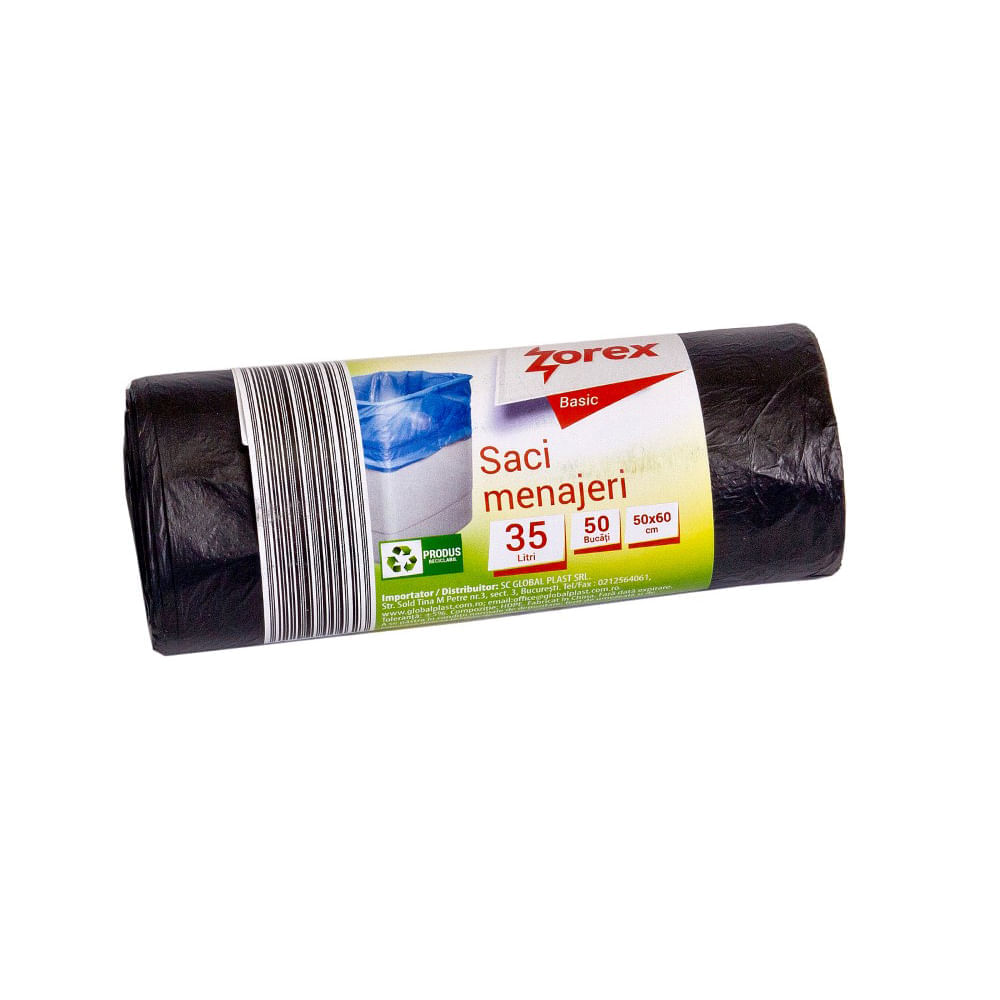 Saci menajeri 35L, 50 x 60 cm, HDPE negru 50 bucati/rola Zorex Saci menajeri 35 l 50 x 60 cm HDPE negru 50 bucati/rola