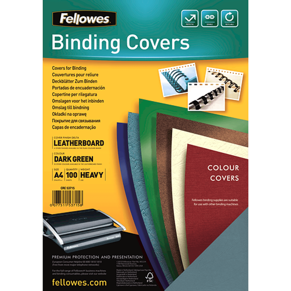 Coperti carton Fellowes A4, 250 gr, imitatie piele, verde, 100/top