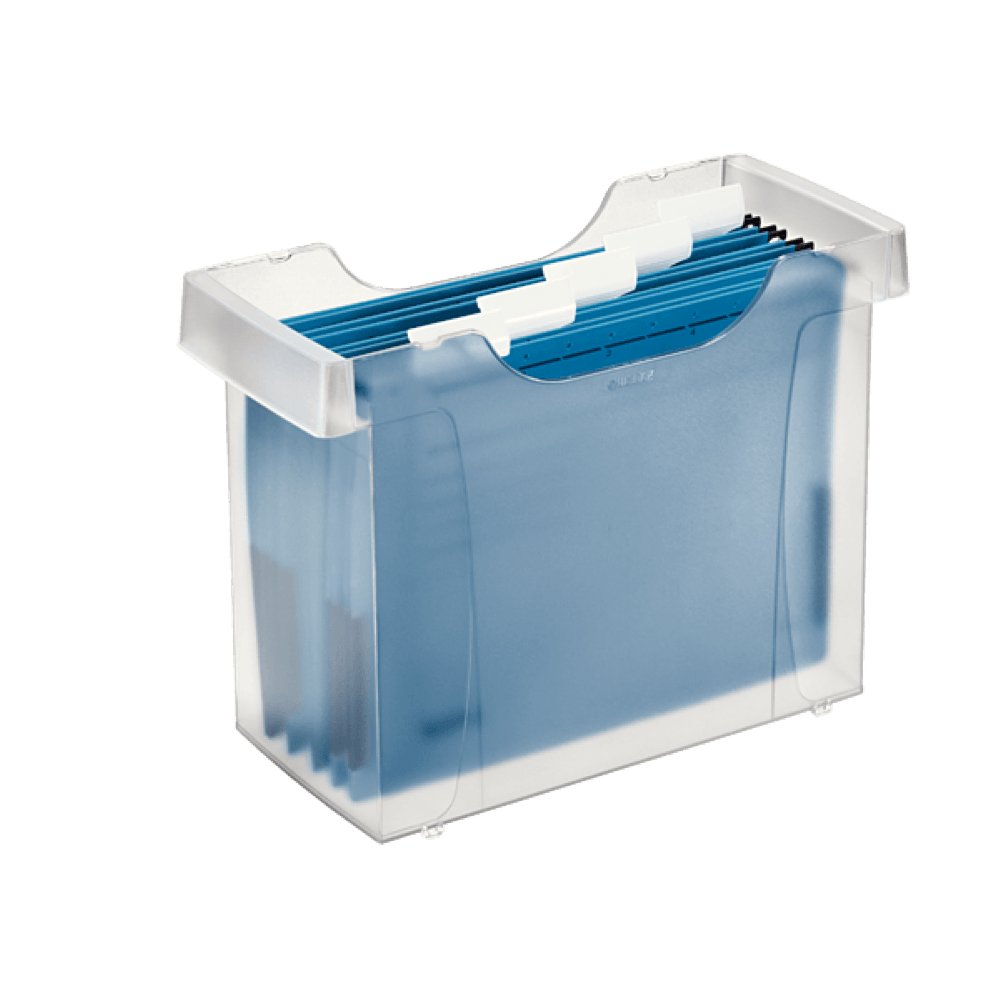 Cutie pentru dosare suspendabile leitz plus, transparent, include 5 dosare alpha, albastru