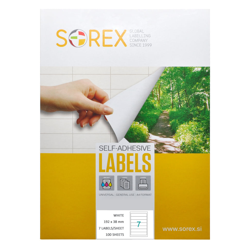Etichete autoadezive Sorex, 7/A4, 192.5 x 39 mm Etichete autoadezive, 7/A4, 192 x 38 mm, alb, 100 coli/top dacris.net