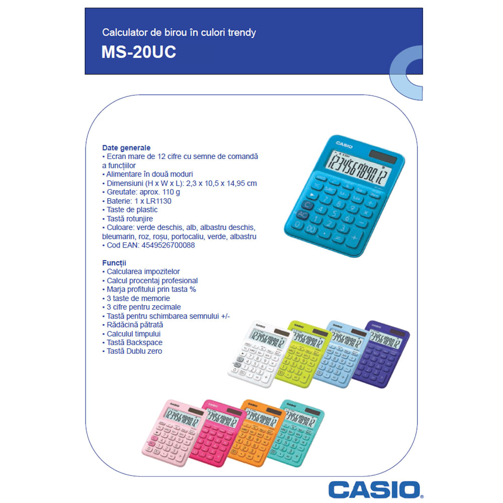 Calculator de birou 12 digits Casio MS-20UC alb Casio imagine 2022 depozituldepapetarie.ro