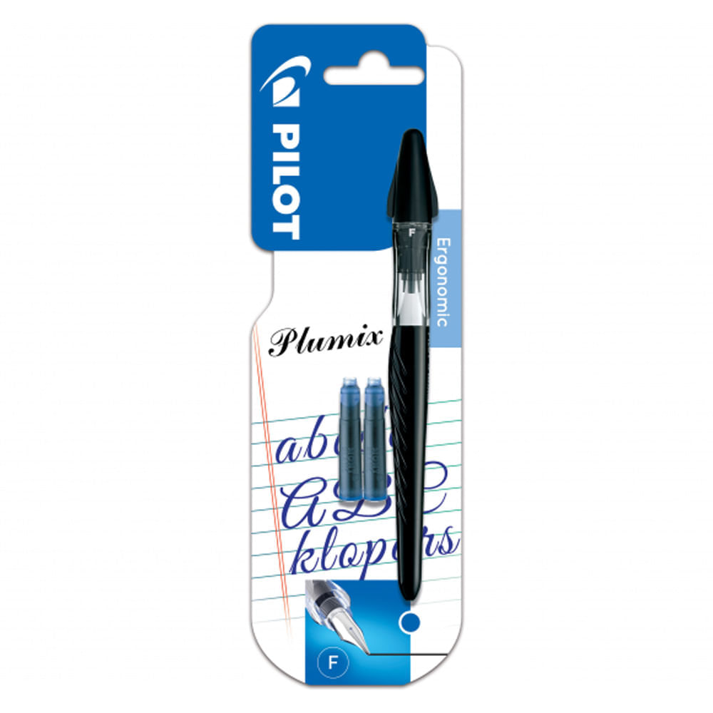 Stilou Pilot Plumix Neon negru varf F si 2 rezerve cerneala albastra