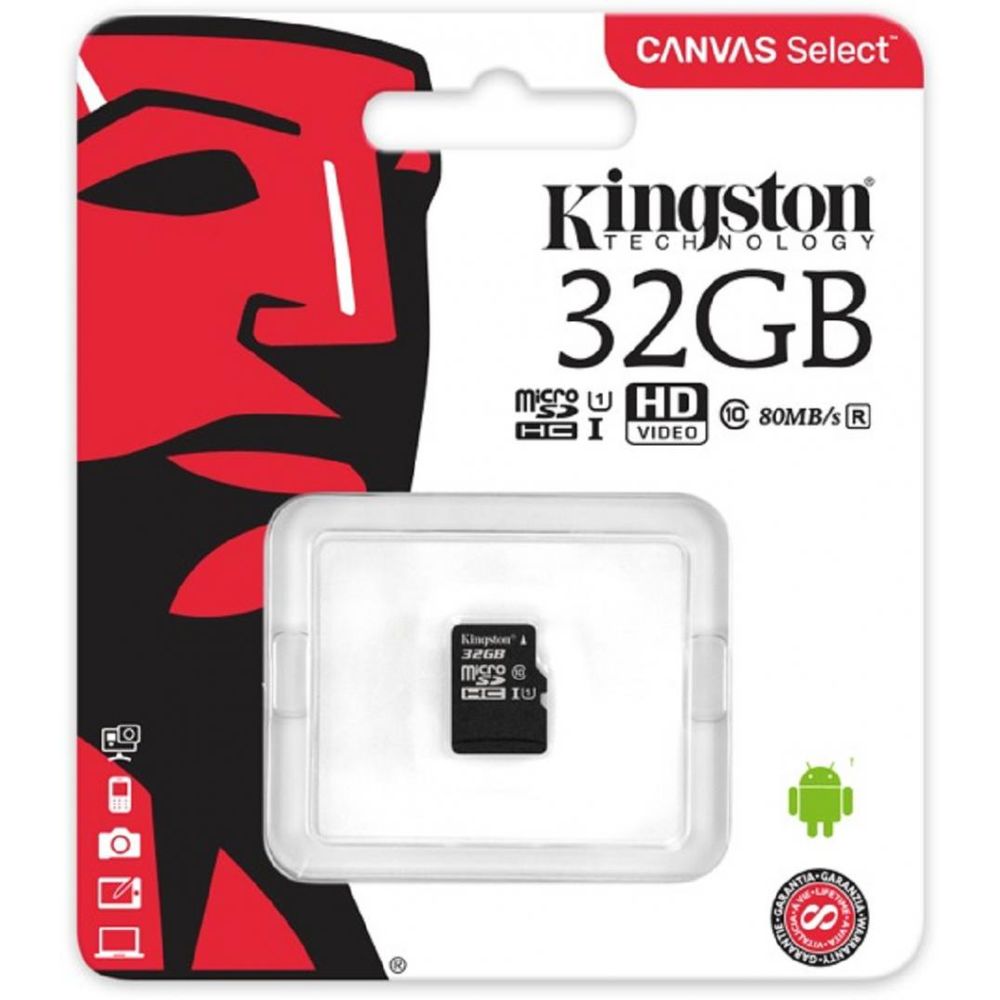 MicroSDXC Kingston, 32GB, Canvas Select 80R, Clasa 10 UHS-I, R/W 80/10 MB/s, fara adaptor SD