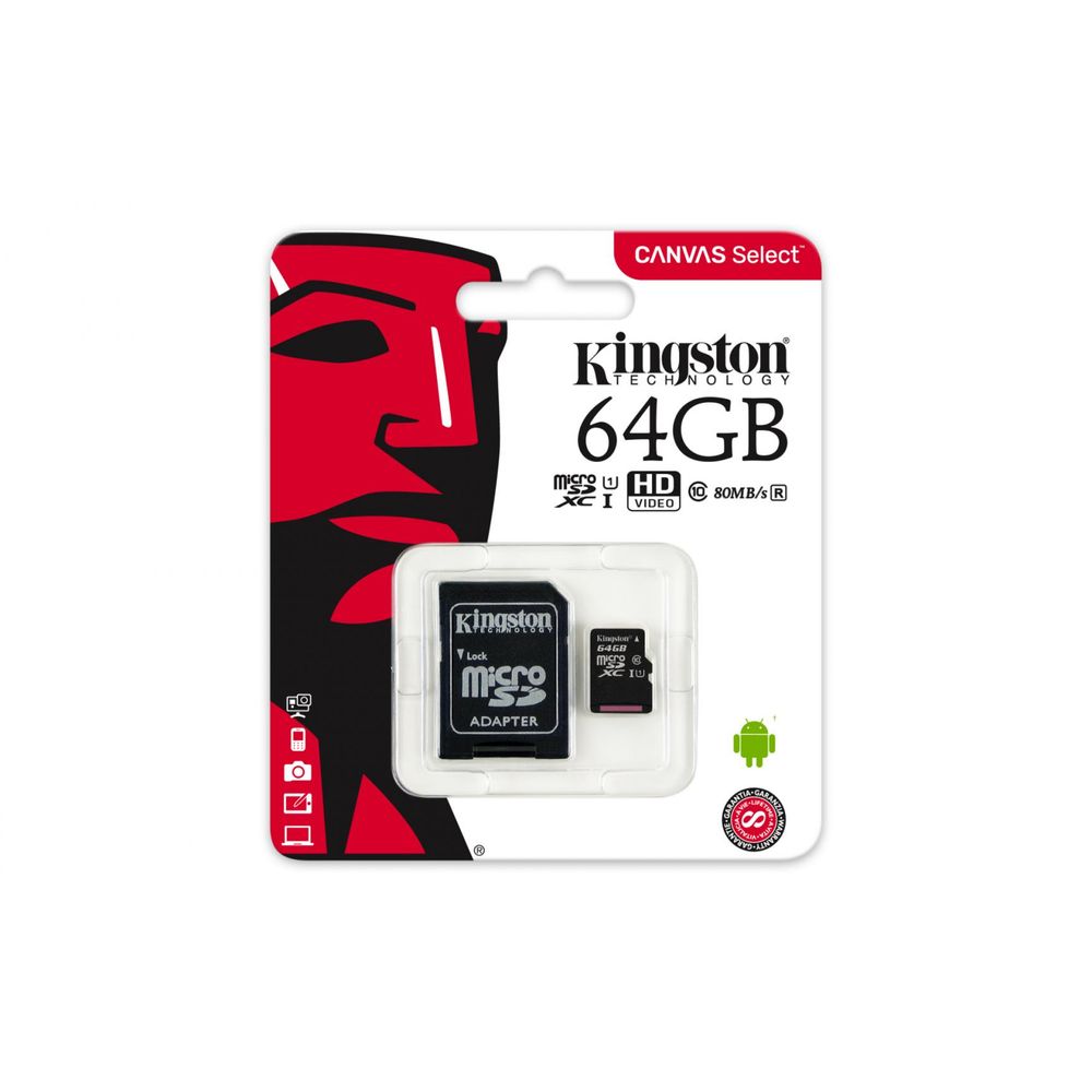 MicroSDXC Kingston, 64GB, Canvas Select 80R, Clasa 10 UHS-I, R/W 80/10 MB/s, adaptor SD