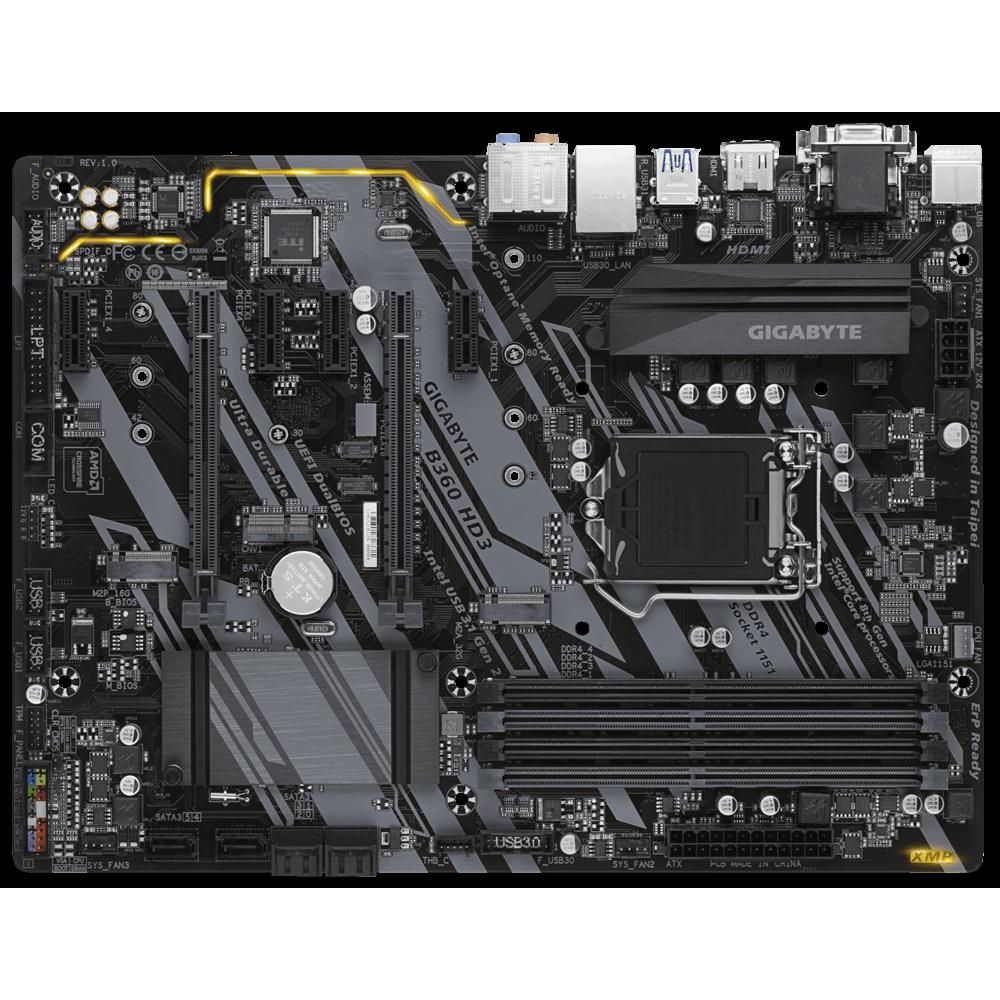 Placa de baza Gigabyte B360 HD3, Socket LGA1151 v2, 4*DDR4 2666/2400/2133MHz, 1x HDMI/DVI-D/D-Sub, 2x PCIe x16, 4x PCIe x1 Slot, 6x SATA 6Gb/s, LAN