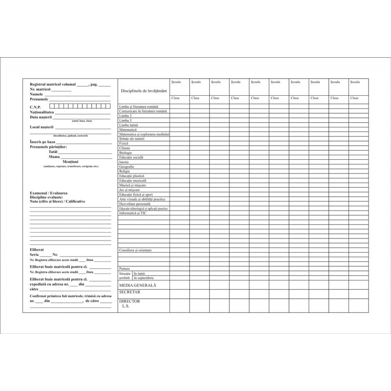 carol i   un destin pentru românia Registru matricol pentru clasele I-VIII pentru 200 elevi A3 coperta carton subtire