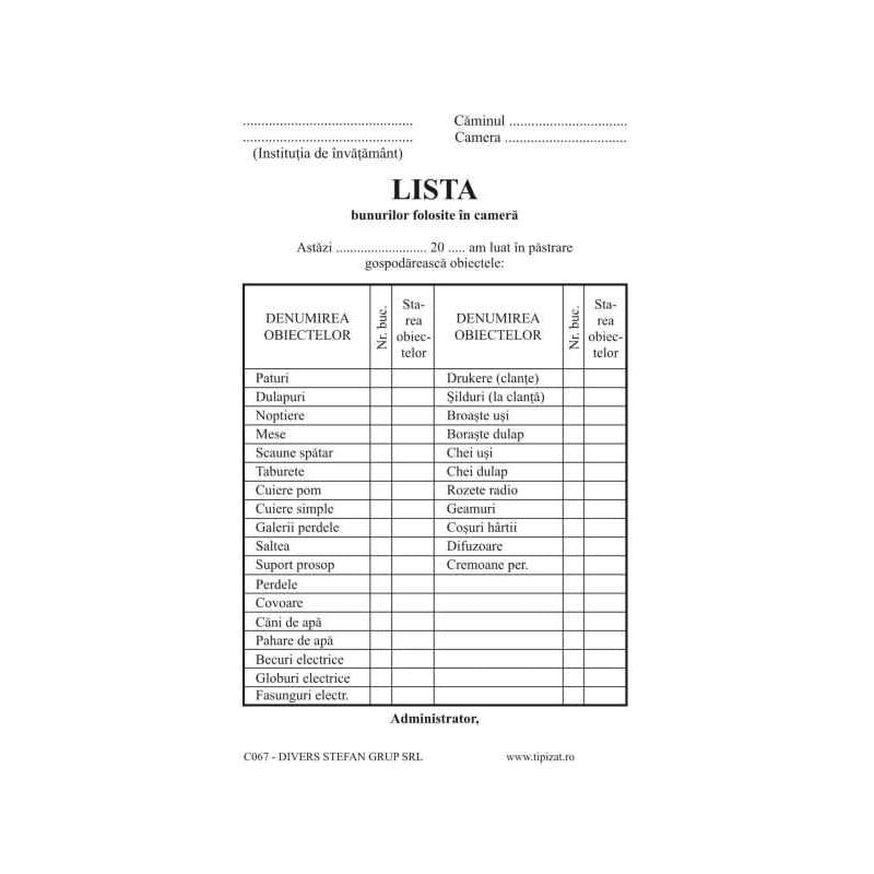 Lista bunurilor folosite colectiv in camera