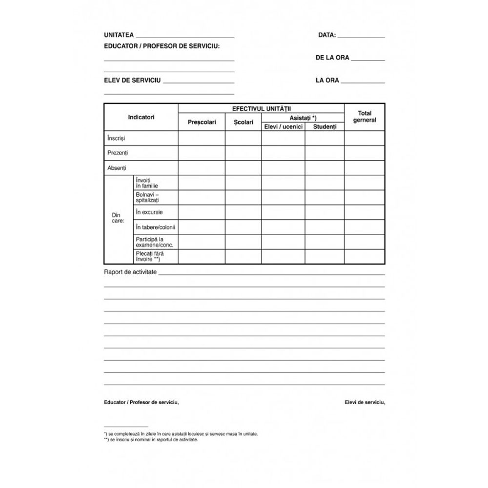 Registru pentru evidenta serviciului de zi pe unitate, coperta carton gros