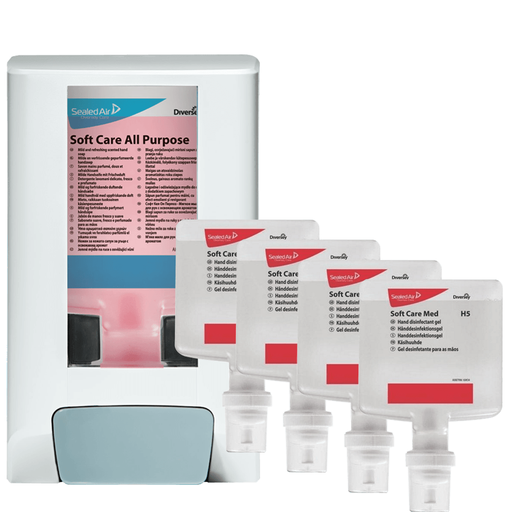 Pachet dispenser + 4x dezinfectant pentru maini - soft care med h5 1.3l