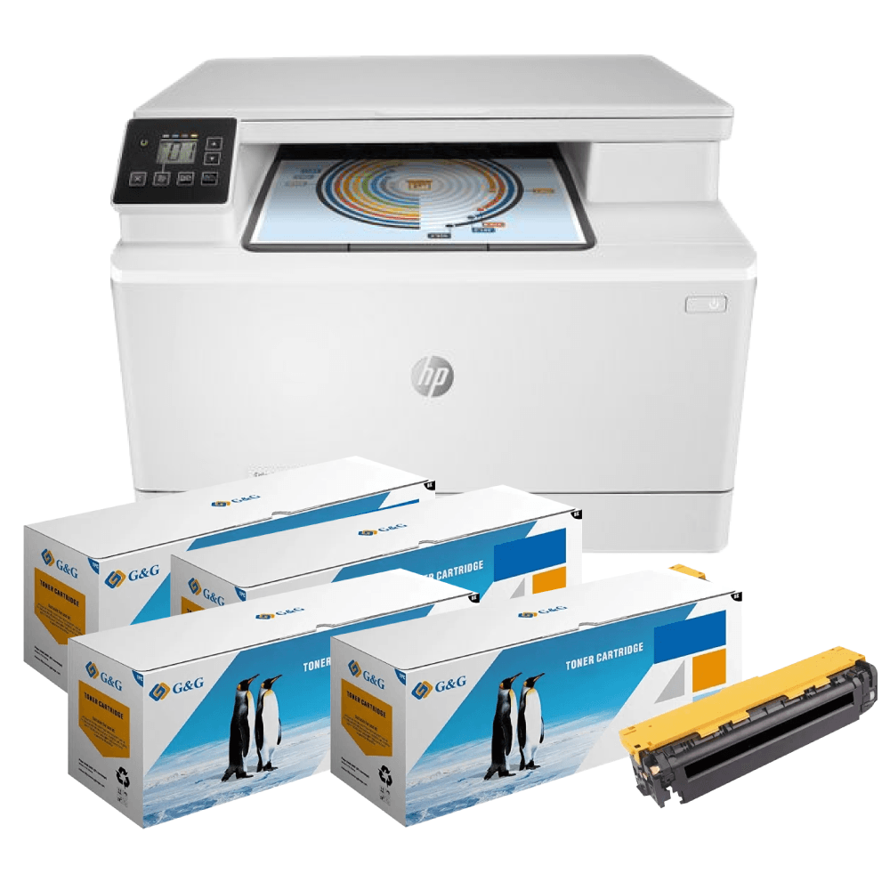 Pachet Multifunctional laser color HP LaserJet ProM180N si 1 set tonere echivalente CF530