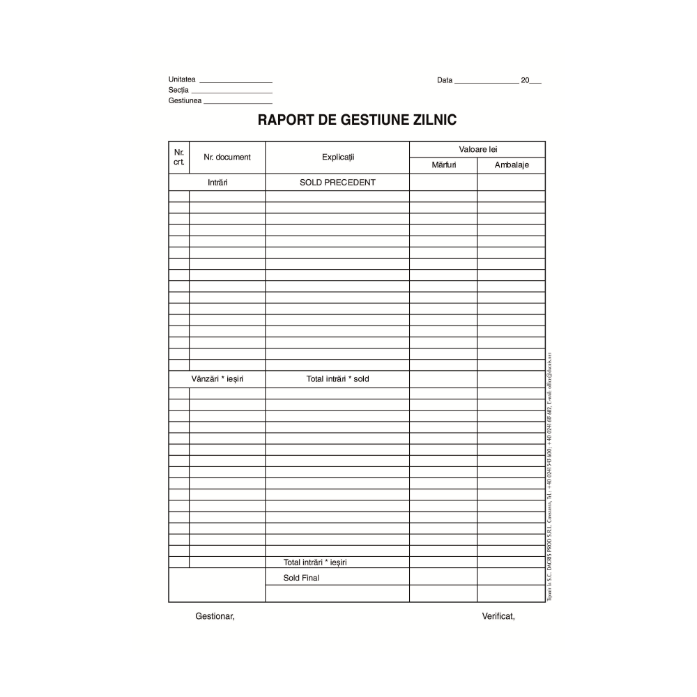 Raport gestiune zilnic, A4, hartie offset, 100 file/carnet