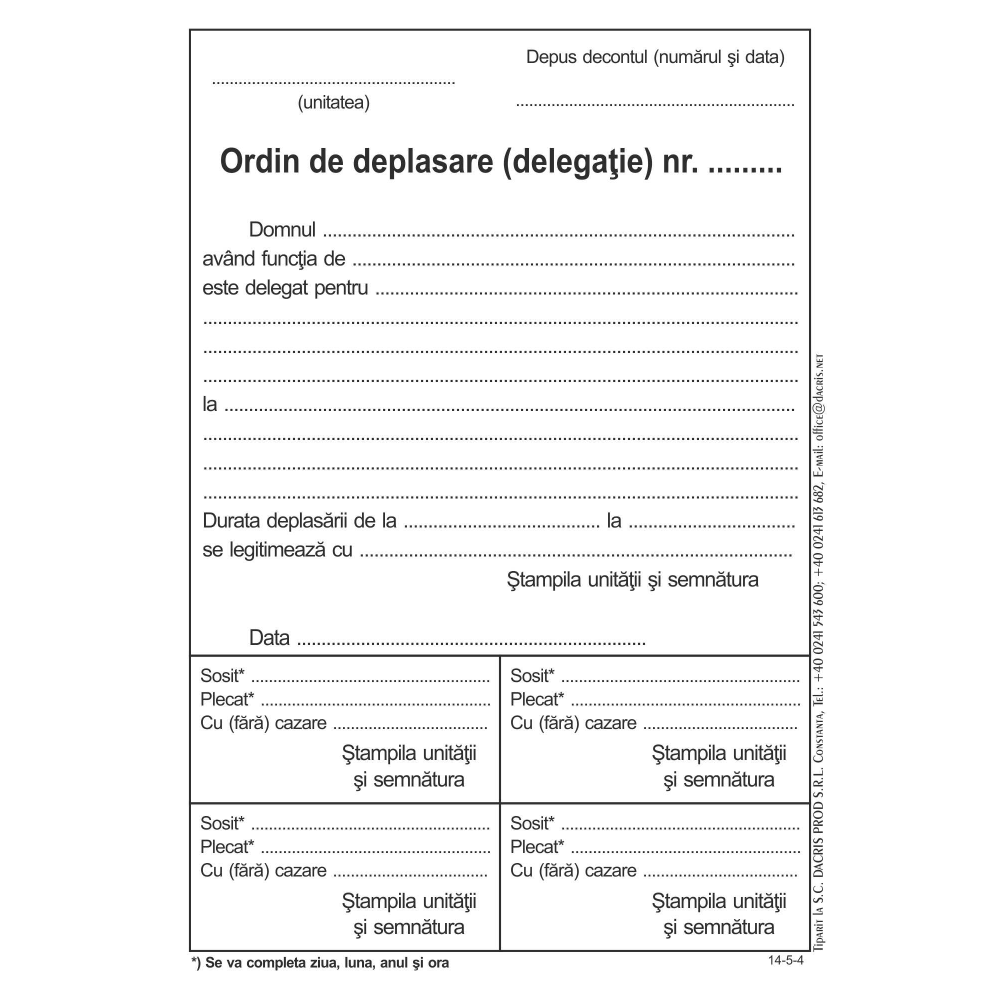 Ordin de deplasare, A5, hartie offset ,100 file/carnet, 3 carnete/set