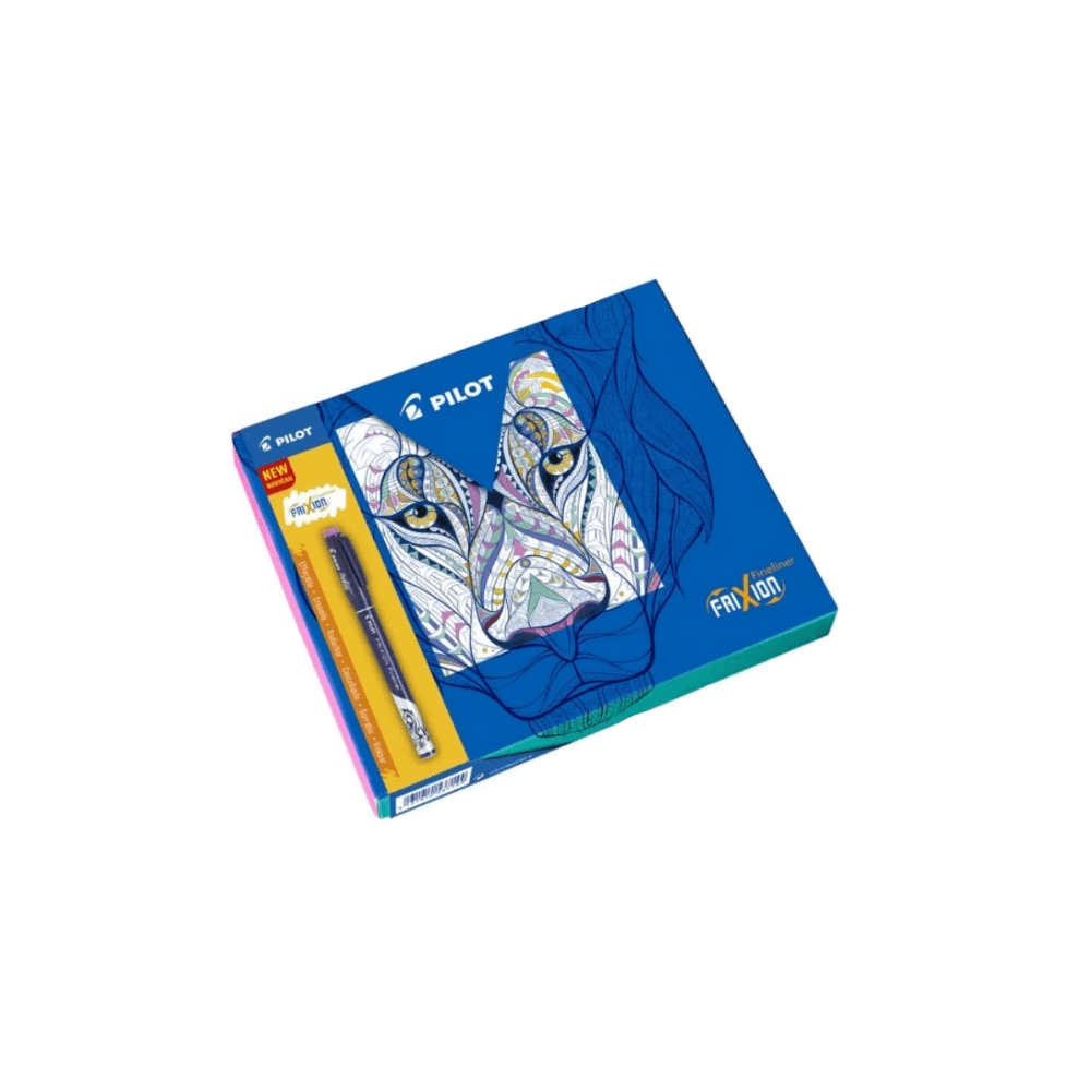 Set cadou 5 Frixion fineliner (negru, rosu, roz, portocaliu, galben) + carte de colorat