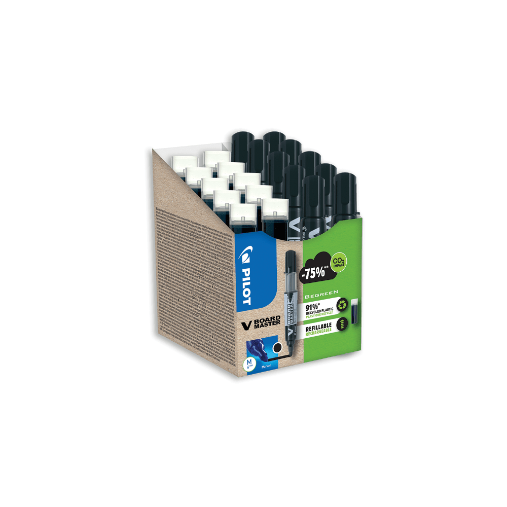 Set 10 markere reincarcabile pentru tabla + 10 rezerve Pilot Begreen VBoard 2.3mm negru