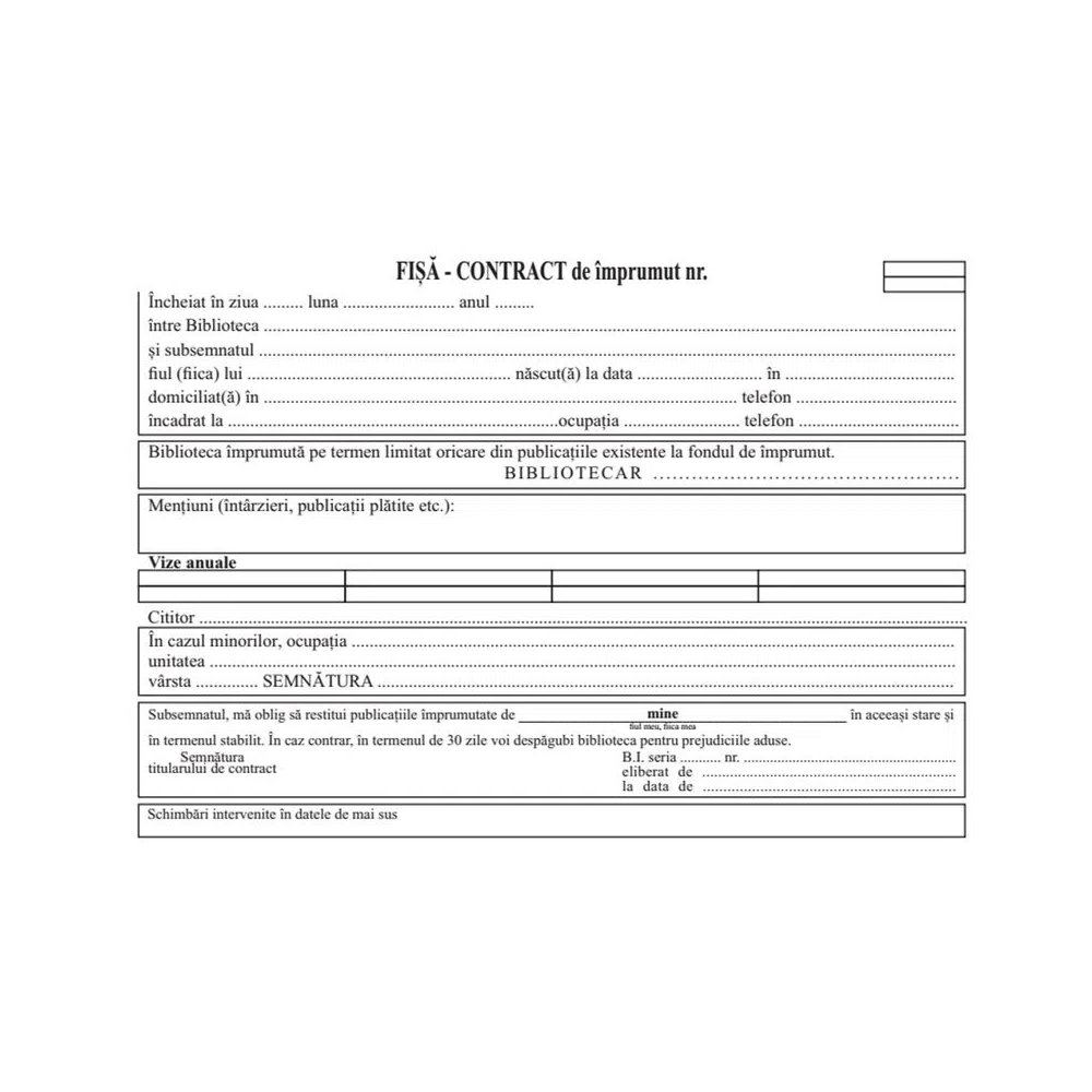 Fișă contract de împrumut pentru bibliotecă format A5 hârtie 80 g/mp