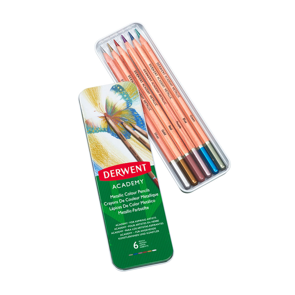 Set 6 creioane acurela, culori metalizate, Derwent Academy dacris.net imagine 2022 cartile.ro