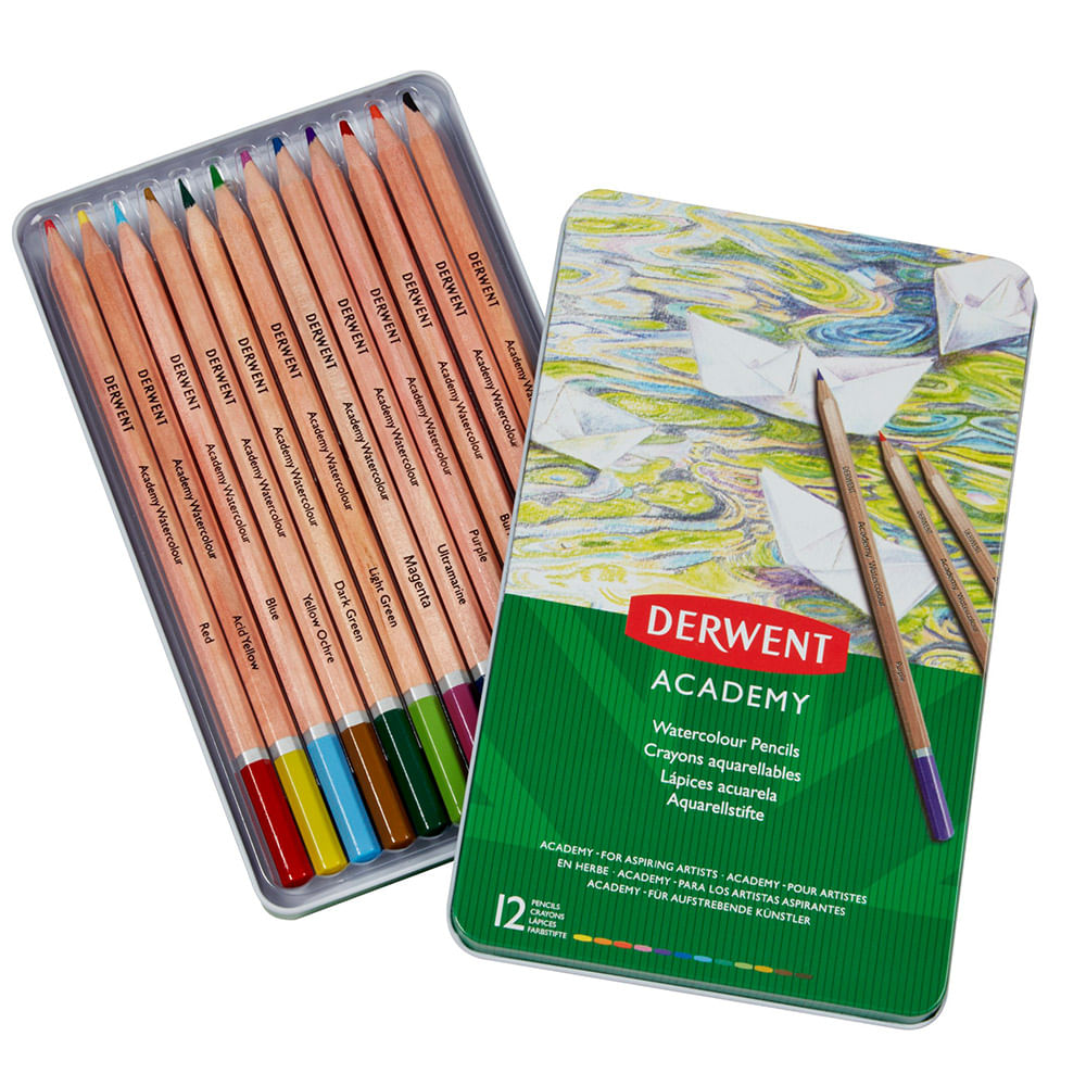 Creioane acuarela Derwent Academy cutie metalica 12 buc/set culoare superioara dacris.net imagine 2022 depozituldepapetarie.ro