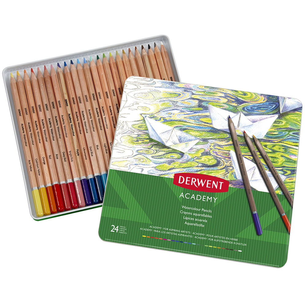 Creioane acuarela Derwent Academy cutie metalica 24 buc/set calitate superioara