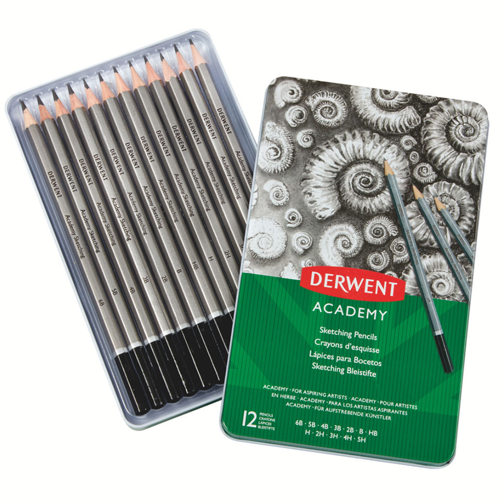 Set 12 creioane Grafit 6B-5H Derwent Academy, calitate superioara, pentru artisti aspiranti, cutie metalica