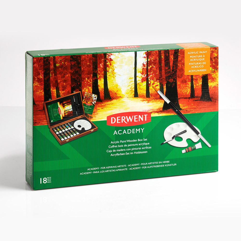 Set cadou culori acrilice Derwent Academy, calitate superioara, pentru artisti aspiranti, cutie din lemn, contine tuburi de 12 ml, pensula, ghid proiect si paleta amestec, 18 buc/set