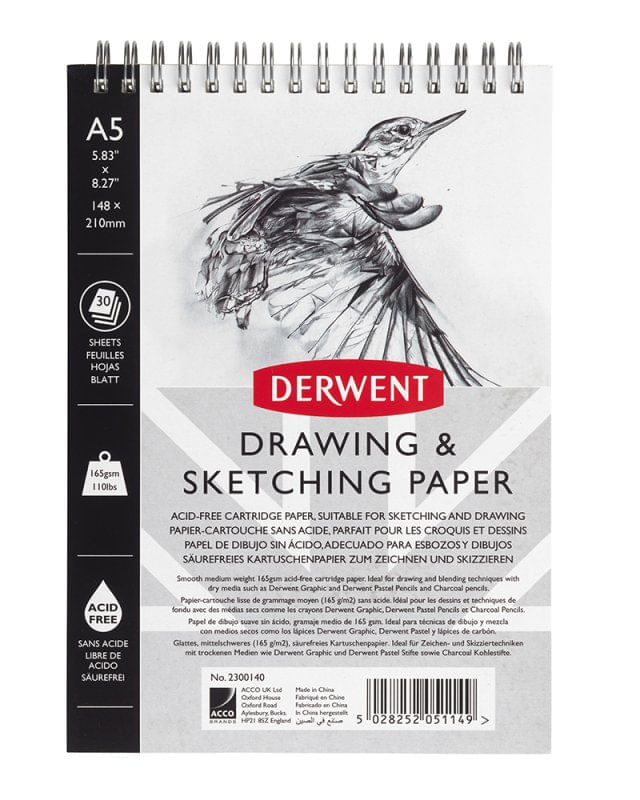 Caiet pentru schite si desen Derwent Professional hartie alba A5 cu spira 30 coli 165 gsm calitate premium