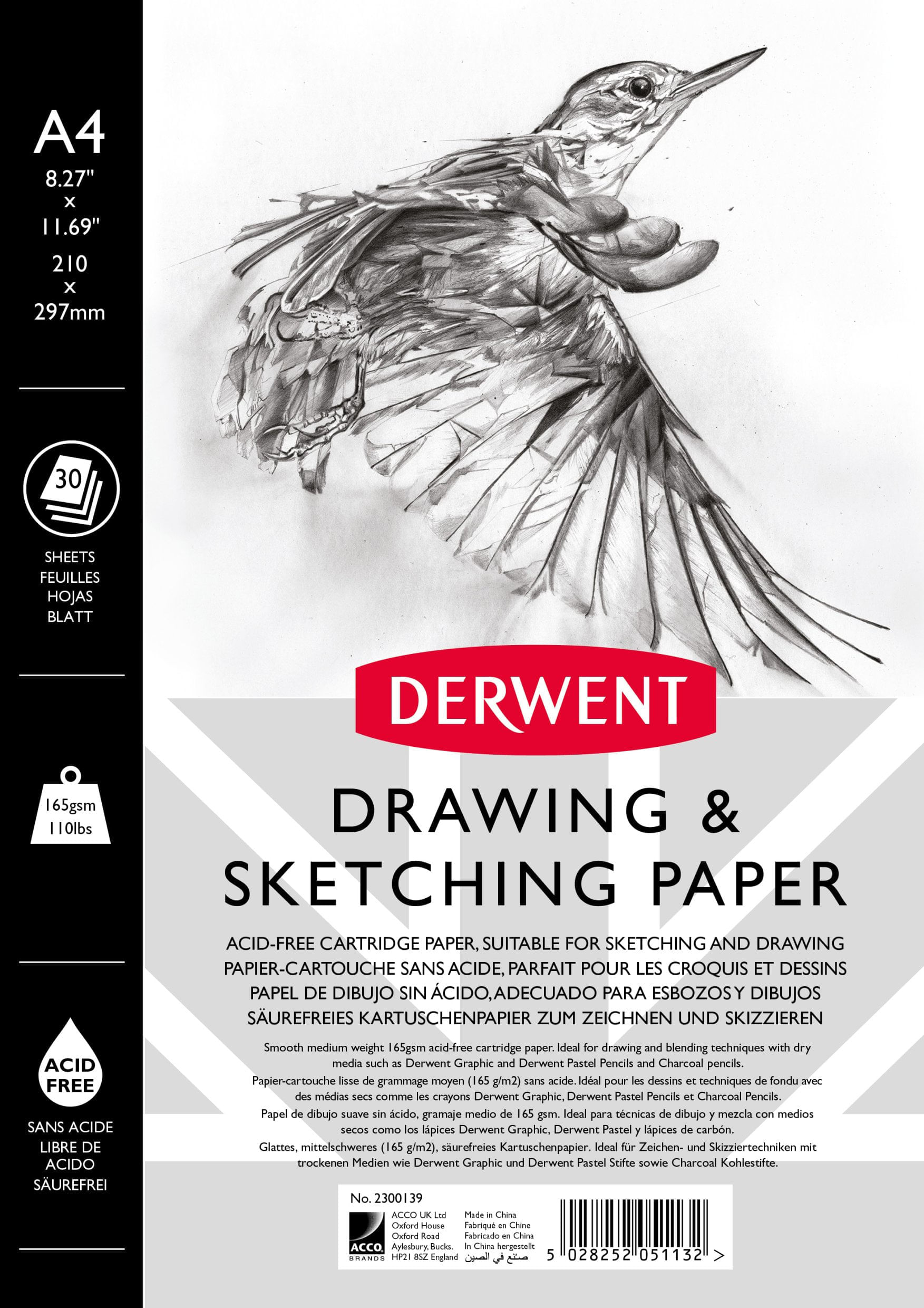 Caiet pentru schite si desen Derwent Professional hartie alba A4 cu spira 30 coli 165 gsm calitate premium