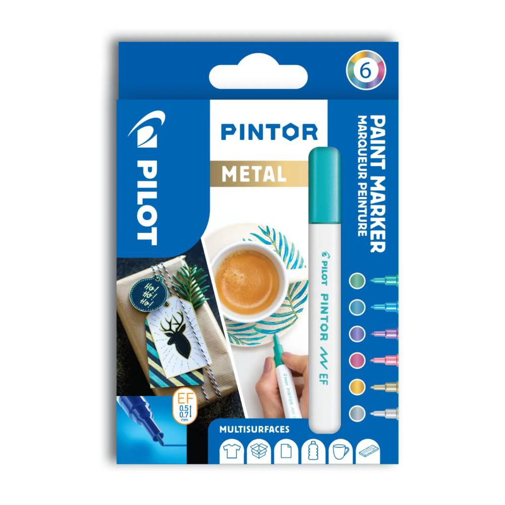 Set markere cu vopsea Pilot Pintor culori metalice varf EF Set Pintor metal mix 6 culori EF Pilot