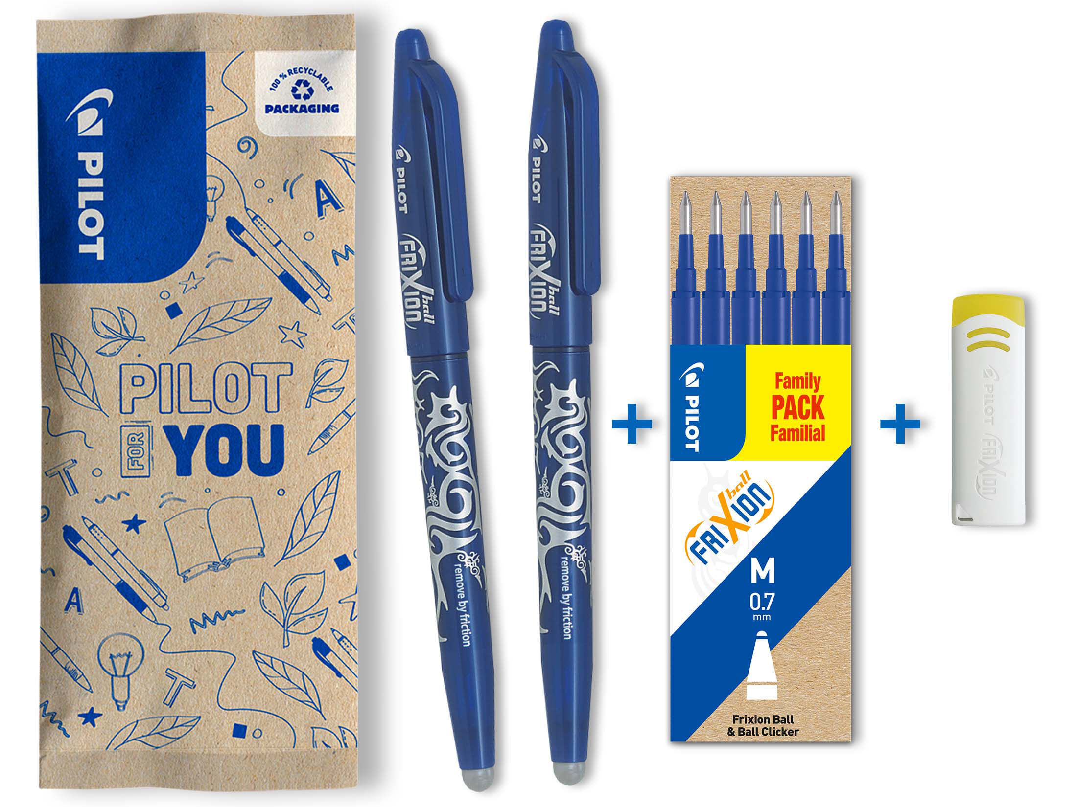 Set flow pack 2x rollere Frixion ball 0.7 albastru + set 6 rezerve 0.7 albastru si radiera Frixion