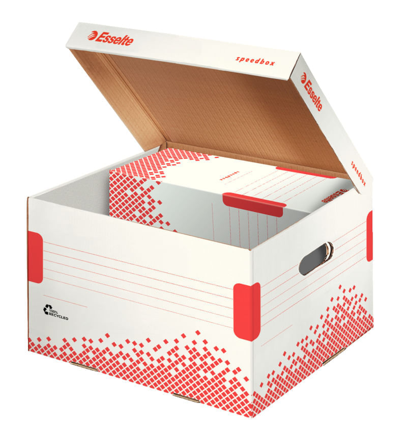 Cutie depozitare cu capac carton reciclat si reciclabil cu capac alb Esselte Speedbox Cutie depozitare cu capac carton reciclat si reciclabil cu capac alb Esselte Speedbox
