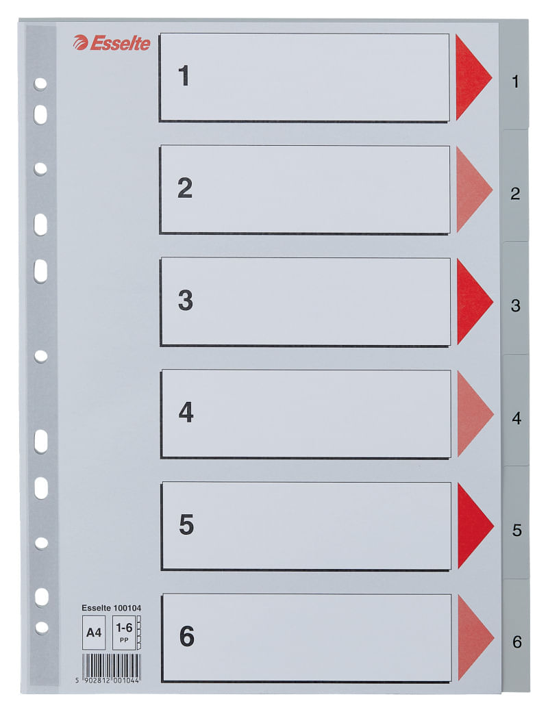 Index Esselte, plastic, reciclabil, A4, 1-6, gri Index Esselte, plastic, reciclabil, A4, 1-6, gri