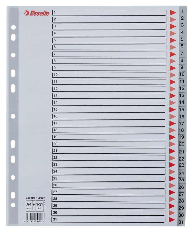 Index Esselte, plastic, reciclabil, A4 MAXI, 1-31, gri