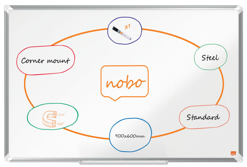 Tabla NOBO Premium Plus, otel lacuit, 90x60 cm, magnetica, include marker si tavita, alb