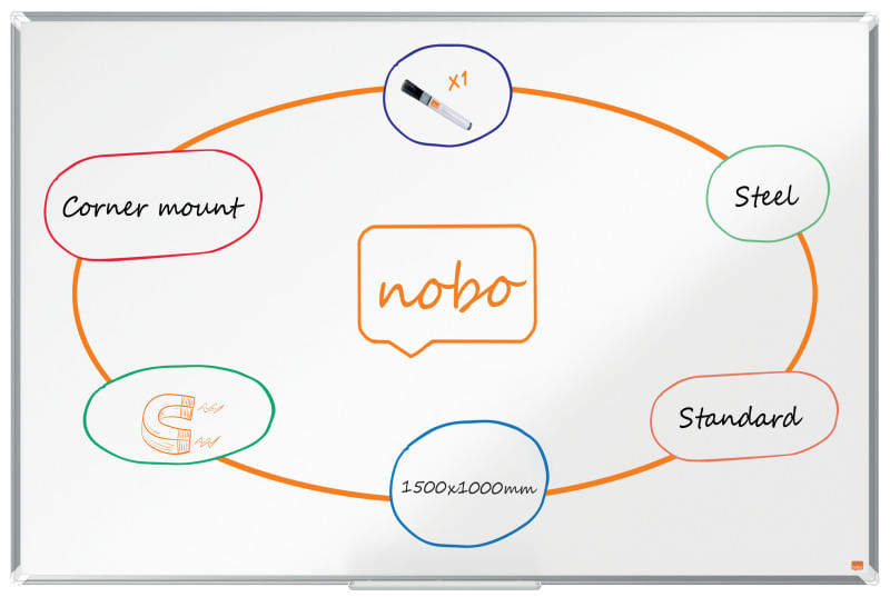 Tabla NOBO Premium Plus, otel lacuit, 150x100 cm, magnetica, include marker si tavita, alb