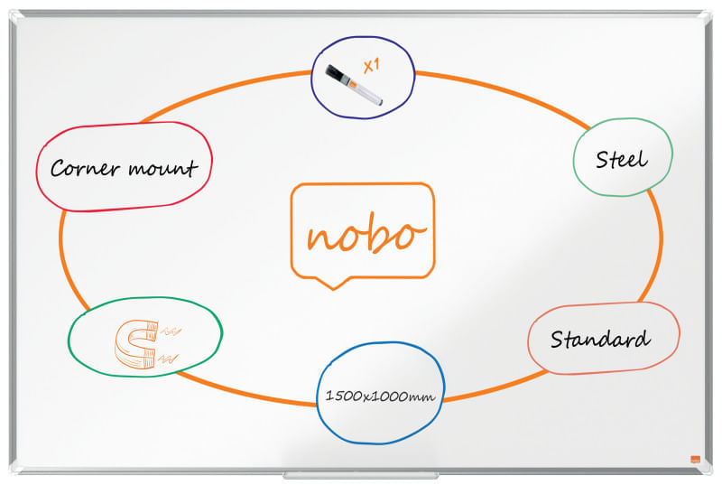 rezerve marker pilot Tabla NOBO Premium Plus, otel lacuit, 150x100 cm, magnetica, include marker si tavita, alb