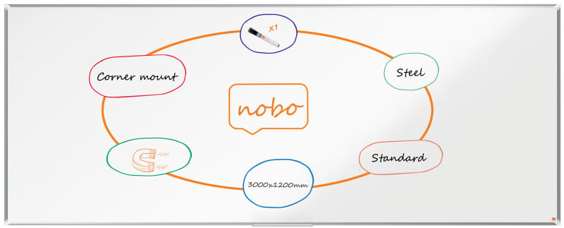 Tabla NOBO Premium Plus, otel lacuit, 300x120 cm, magnetica, include marker si tavita, alb
