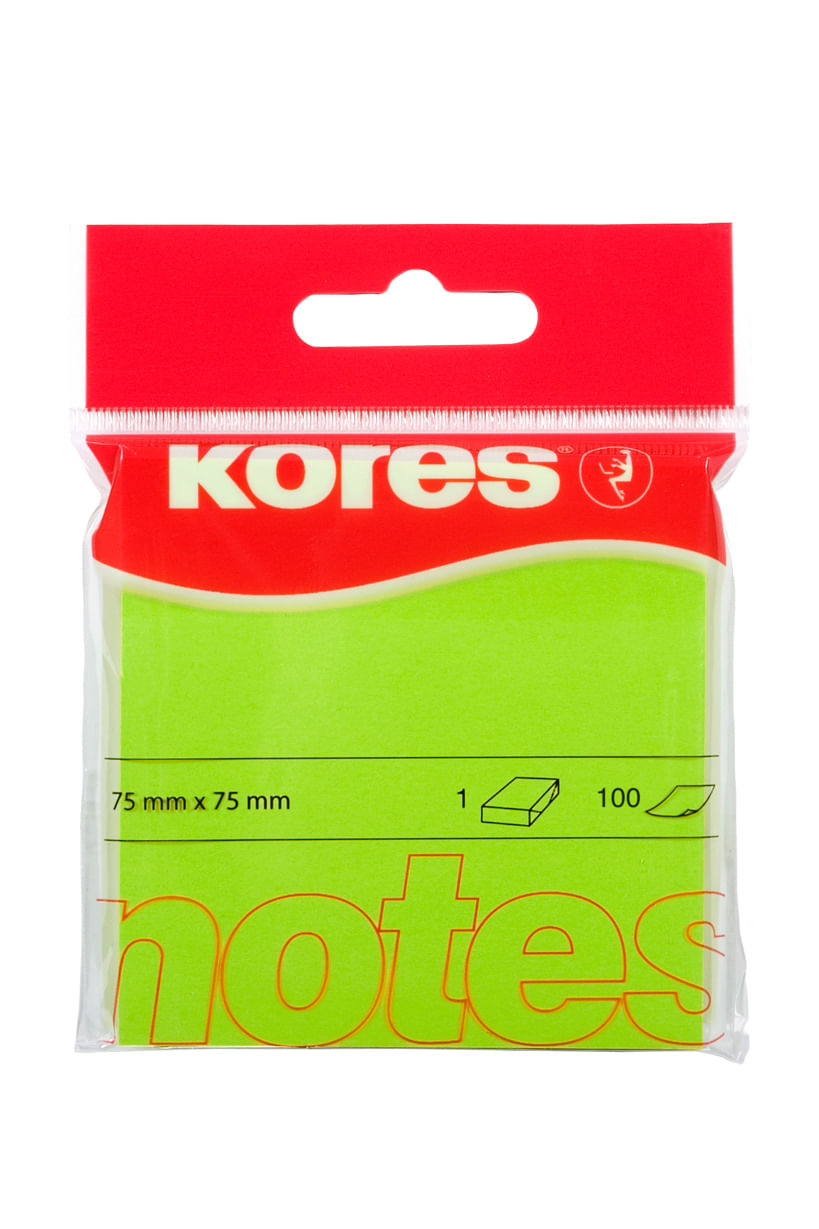 Notes adeziv 75 x 75 mm verde neon 100 file Kores