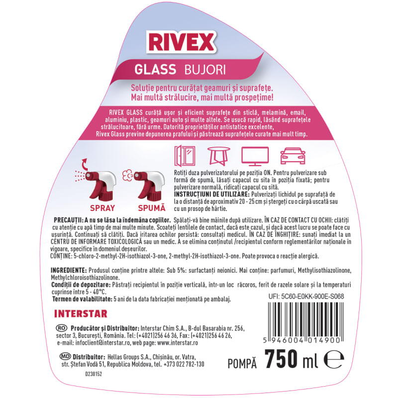 Detergent geamuri cu pulverizator 750 ml Rivex Bujori