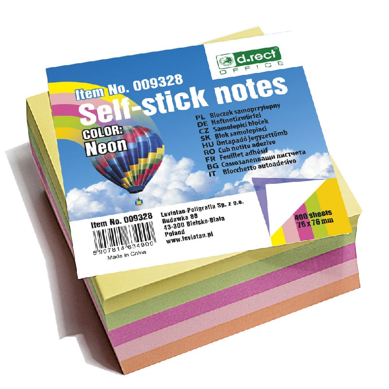 Notes cub adeziv 76 x 76 mm neon 400 coli D.Rect