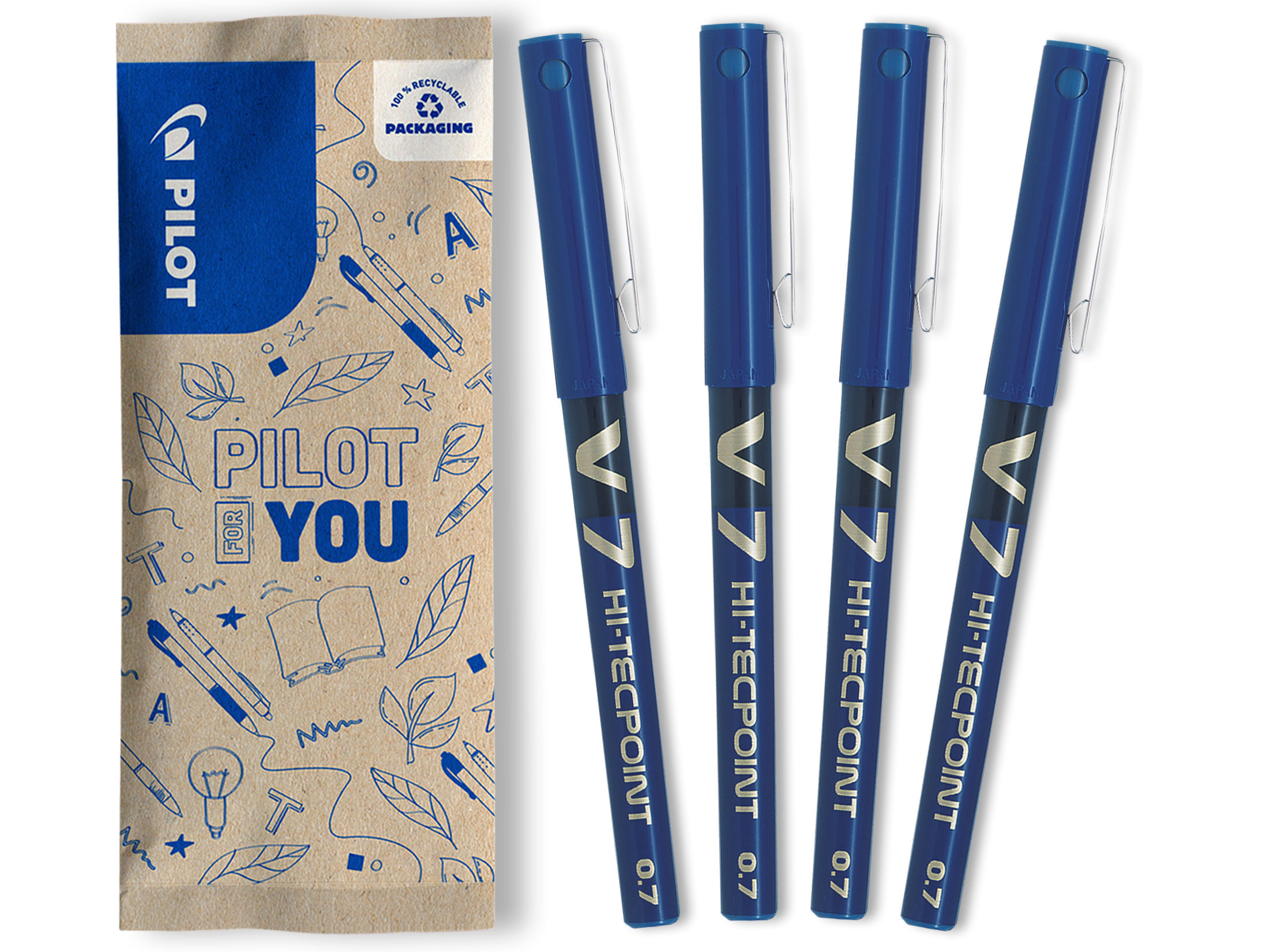 Set flow pack 4 rollere Pilot V7 Hi-Tecpoint albastre 0.7 mm cu capac